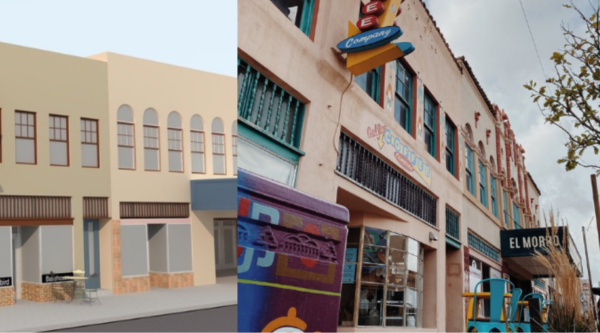 Rendering of a planned facade improvement project; photo of the completed facade improvement project