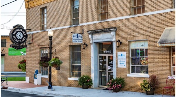 Historic brick building housing a downtown coffee shop